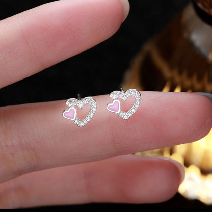 Close up of S999 pure silver double heart earrings with pink enamel and crystals JR Fashion Accessories