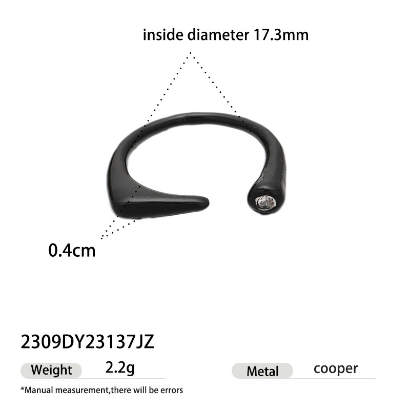 Black enamel adjustable open ring with zircon accent and minimalist design