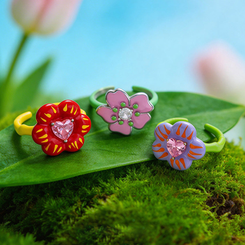 Colorful enamel flower rings with heart shaped zircon stones and adjustable bands