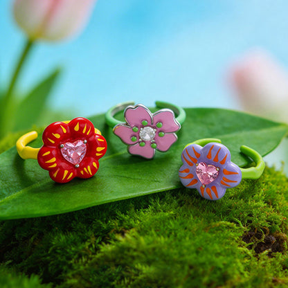 Colorful enamel flower rings with heart shaped zircon stones and adjustable bands
