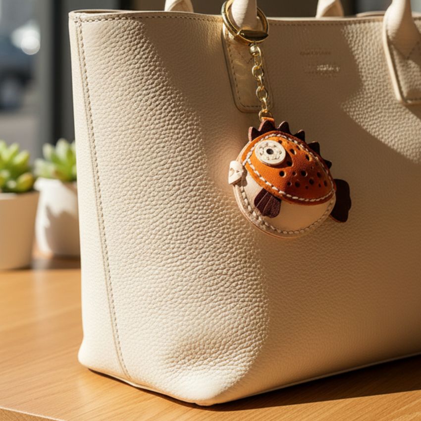 kawaii pufferfish keychain used as leather bag charm on tote bag – stylish cute keychain for handbags and wholesale gift shops