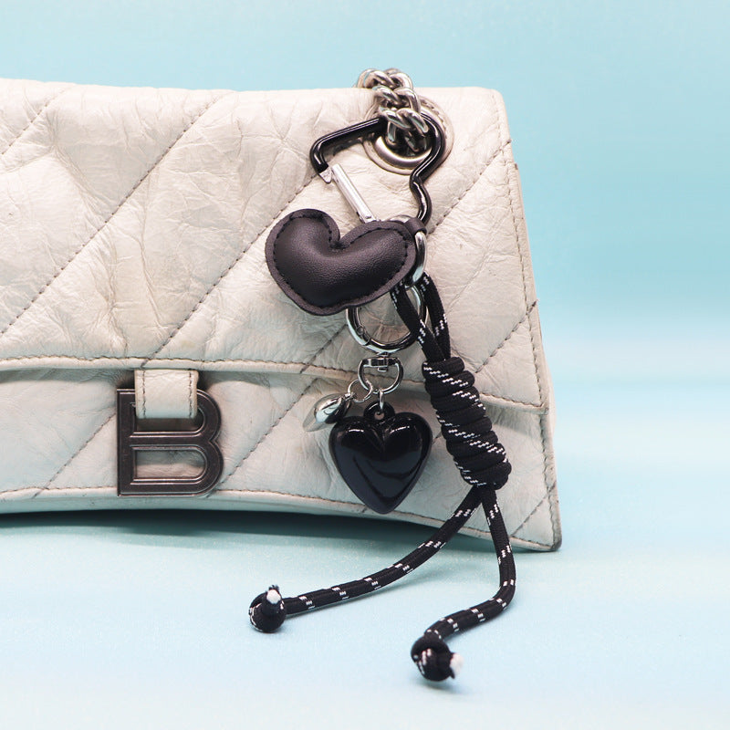 Black heart and bell PU leather keychain with rope strap for women wholesale