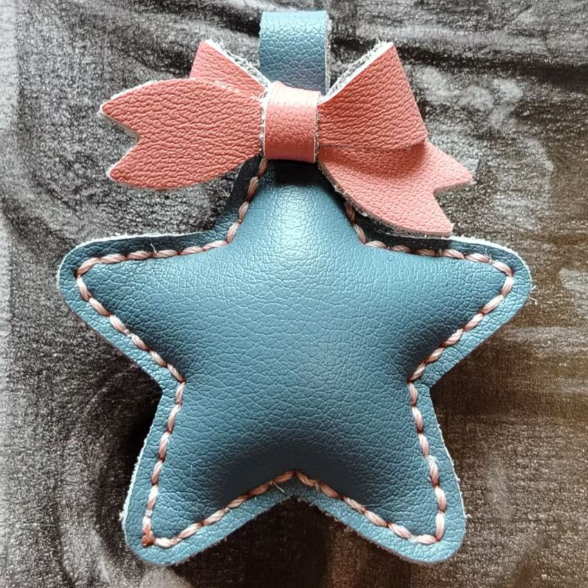 Light blue leather star with pink bow, soft pastel leather DIY accessory