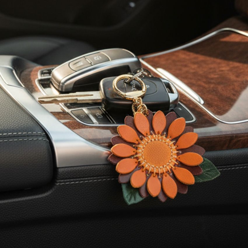 Sunflower leather keychain attached to car keys, aesthetic handmade gift idea for women or wholesale keychain buyers