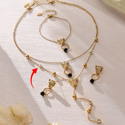  stainless steel leopard head zircon layered necklace