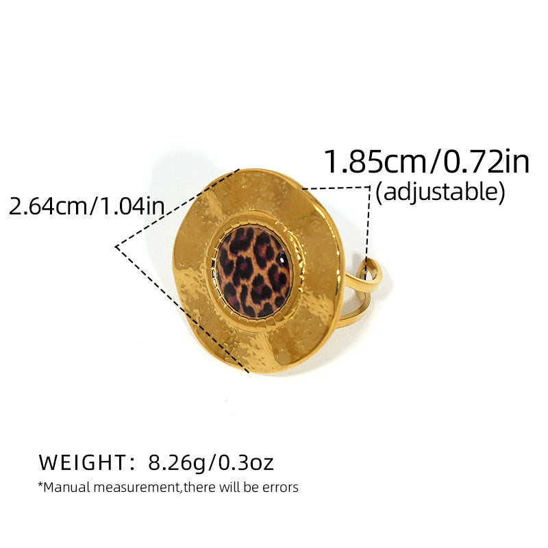 Textured round leopard statement ring with adjustable stainless steel band