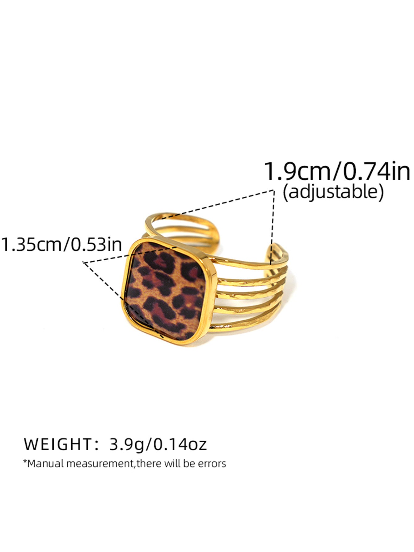 Square leopard print open ring with a wide 18K gold plated stainless steel band