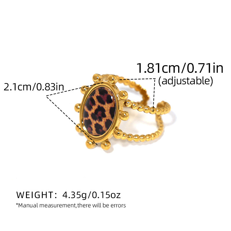 Round leopard print adjustable ring with beaded 18K gold plated frame