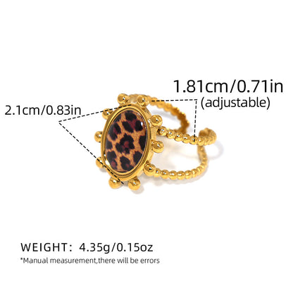 Round leopard print adjustable ring with beaded 18K gold plated frame