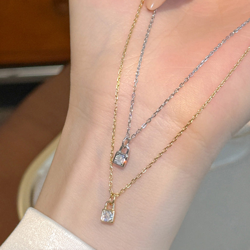 Dainty CZ Necklace Lock Pendant 14K Gold Plated Silver 925 Wholesale Set of 5