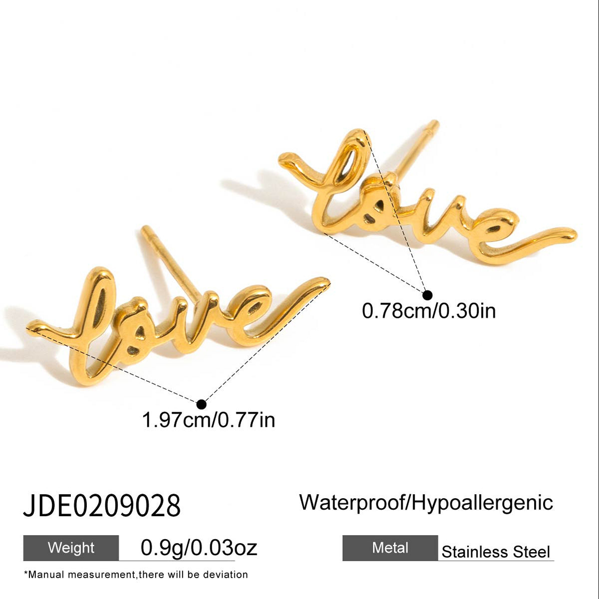 Stainless steel love letter stud earrings size and material details