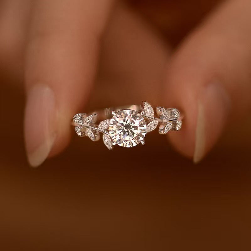 S925 sterling silver Modern Heirloom Goddess Ring featuring a 6MM round zircon center stone and laurel leaf band