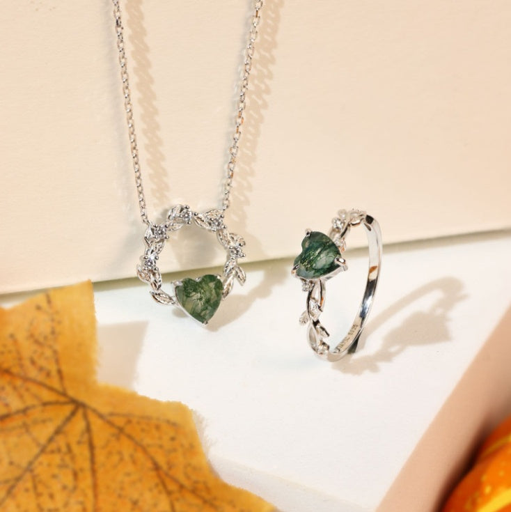 moss agate jewelry set vintage heart necklace ring Black May jewelry gift