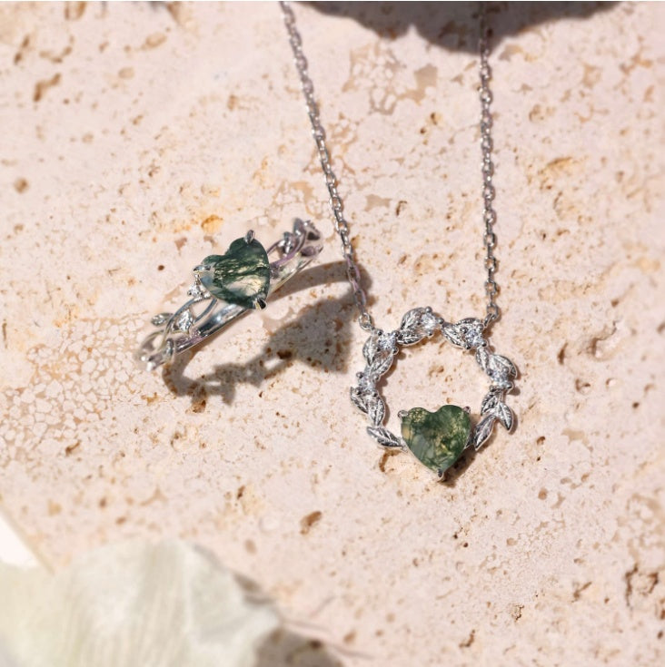 moss agate jewelry set natural moss agate heart design Black May gift idea