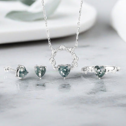 moss agate jewelry set sterling silver heart necklace ring earrings Black May gift