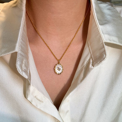 mother of pearl pendant necklace on model dainty gold necklace gift for her Black May