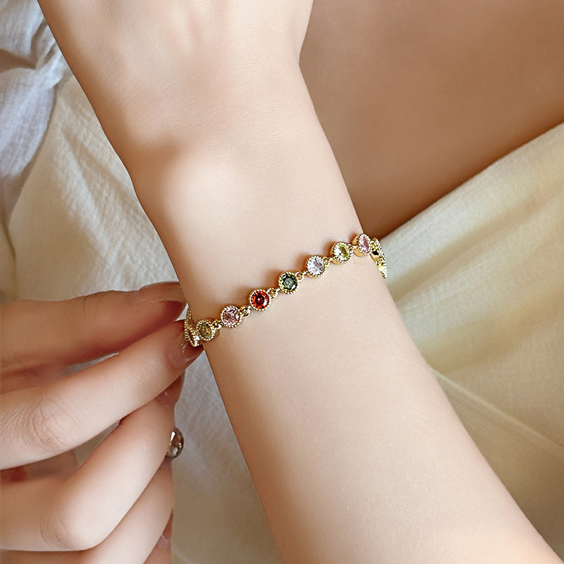 Multicolor stone bracelet 14k gold plated brass jewelry with rainbow CZ stones for women – JR Fashion Accessories wholesale collection