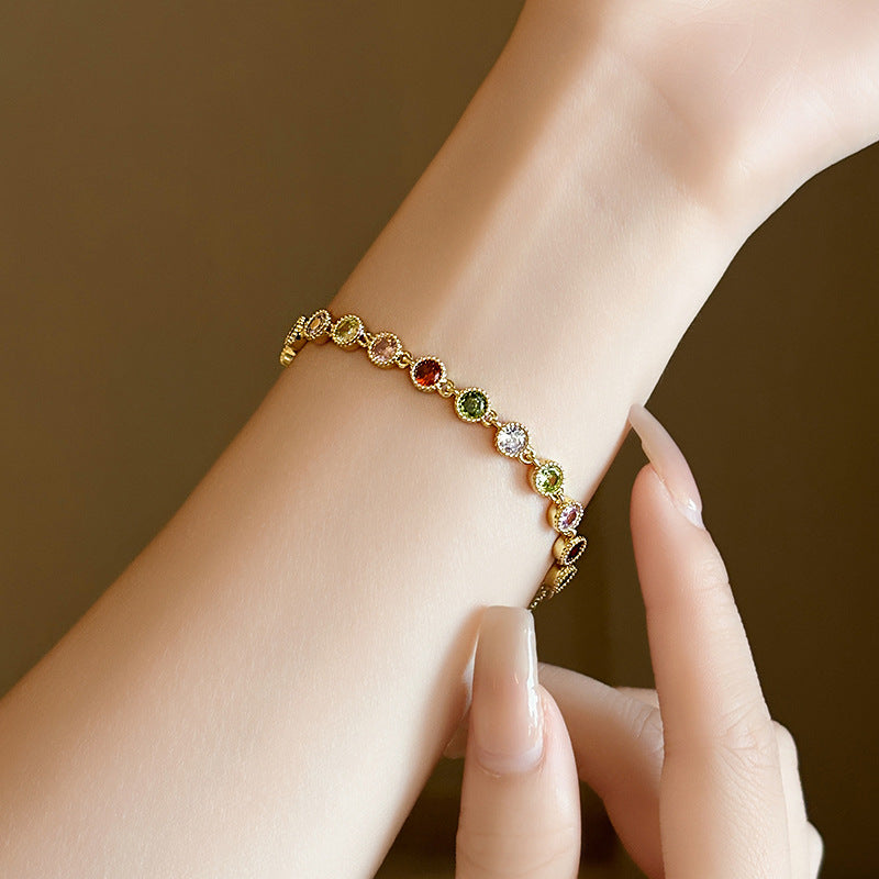 Elegant multicolor stone bracelet in 14k gold plated brass, colorful CZ jewelry for boutiques and Valentine’s Day gift wholesale