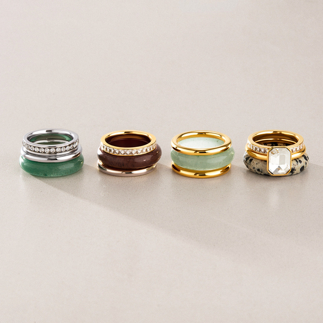 Three ring natural stone and stainless steel stacking sets