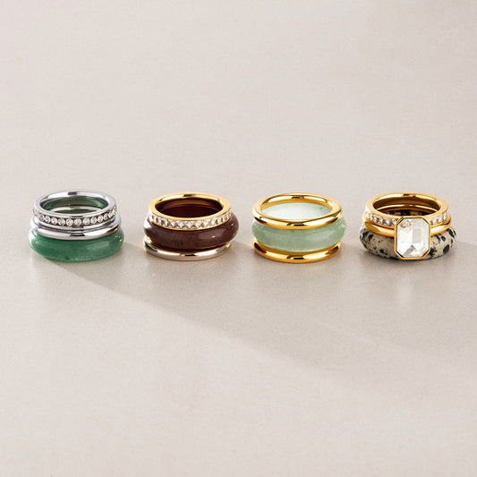 Three ring natural stone and stainless steel stacking sets