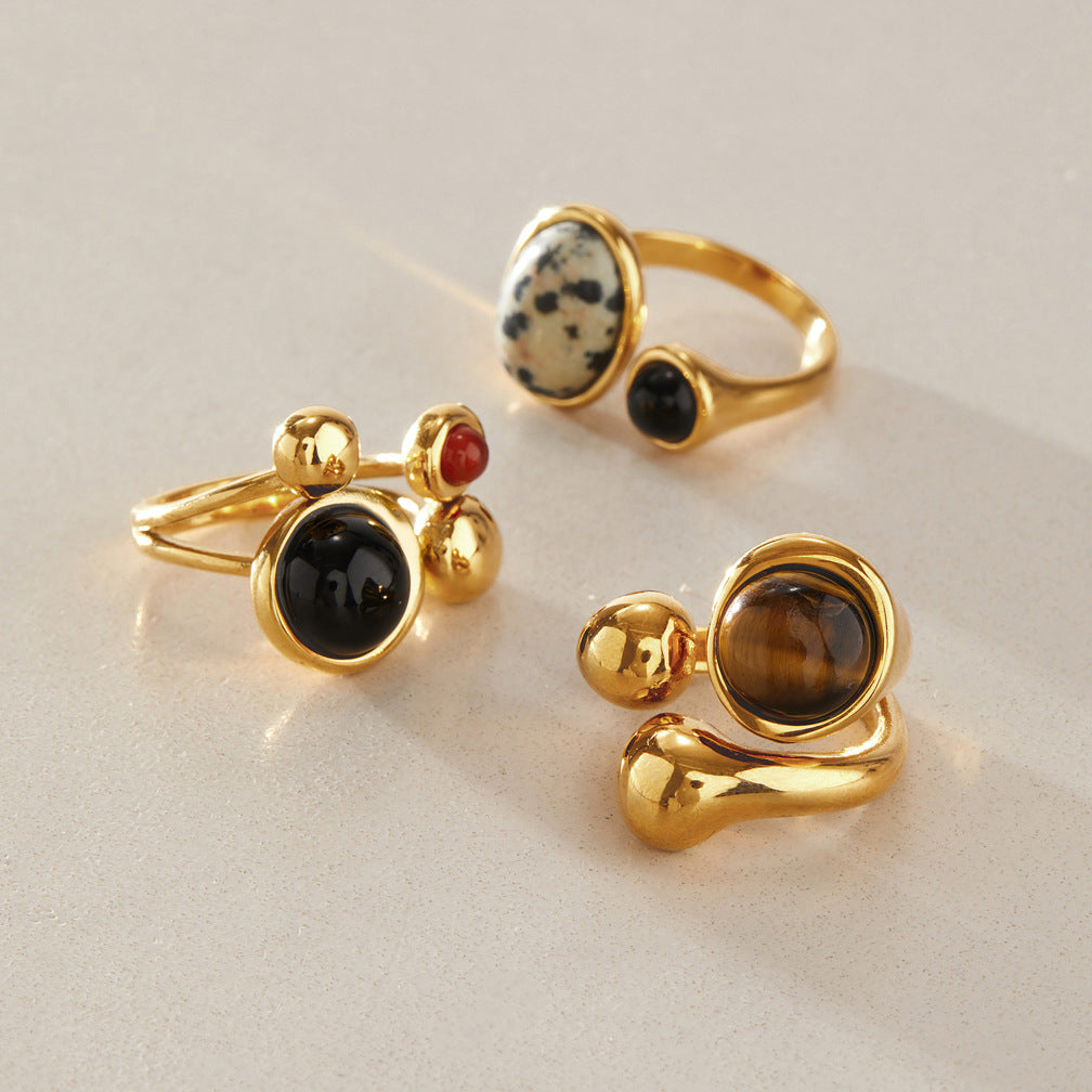 Natural stone stainless steel open statement rings