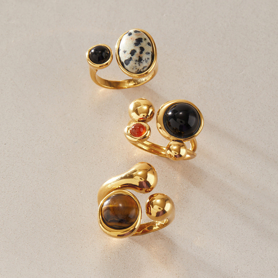 Natural stone stainless steel open statement rings