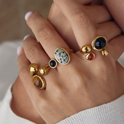 Natural stone stainless steel open statement rings