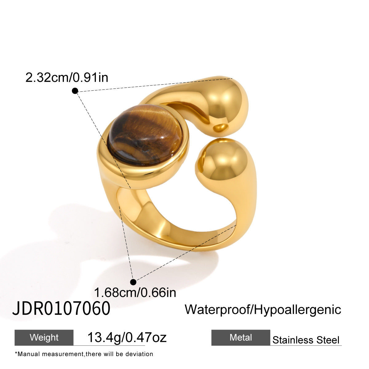 Natural stone stainless steel open statement rings