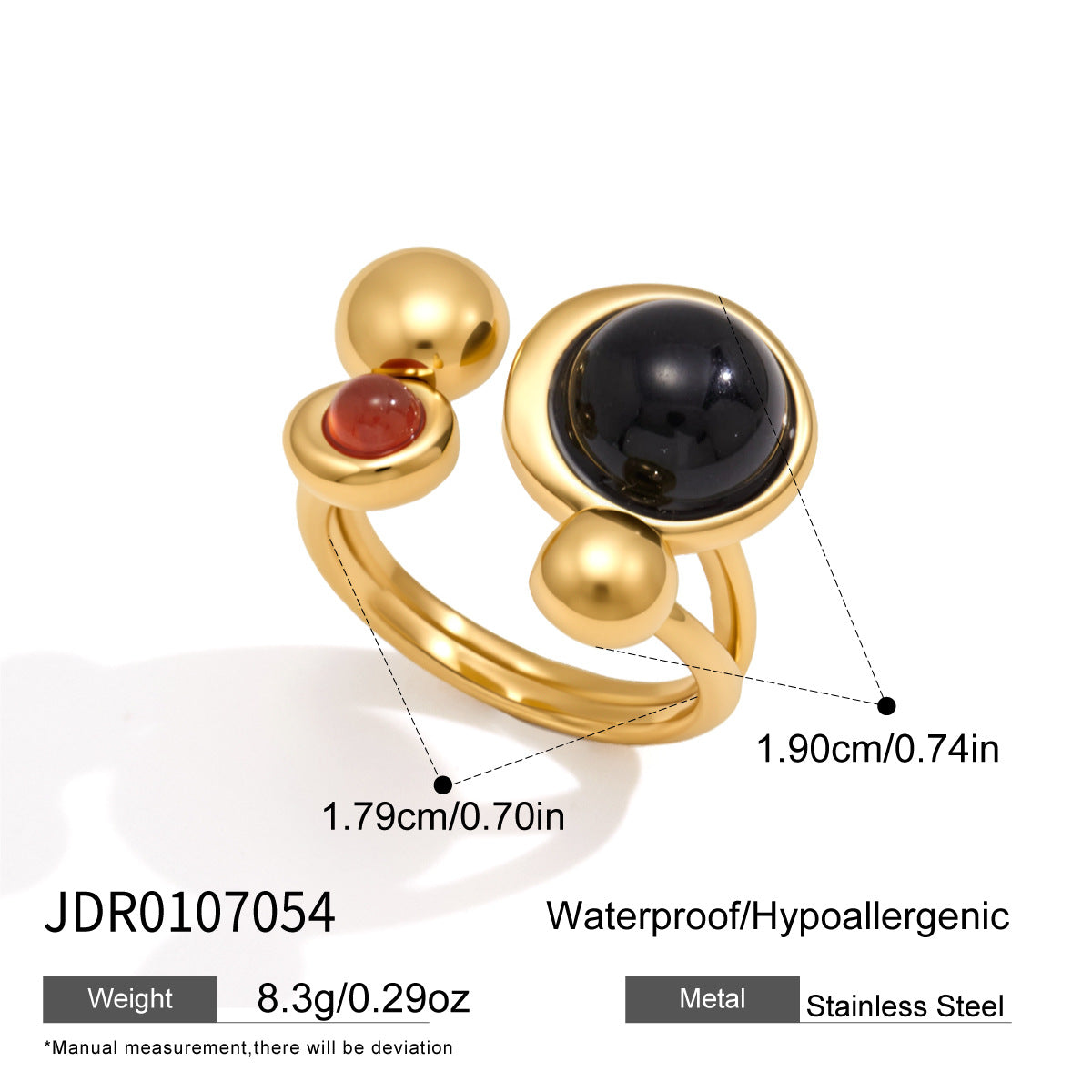 Natural stone stainless steel open statement rings