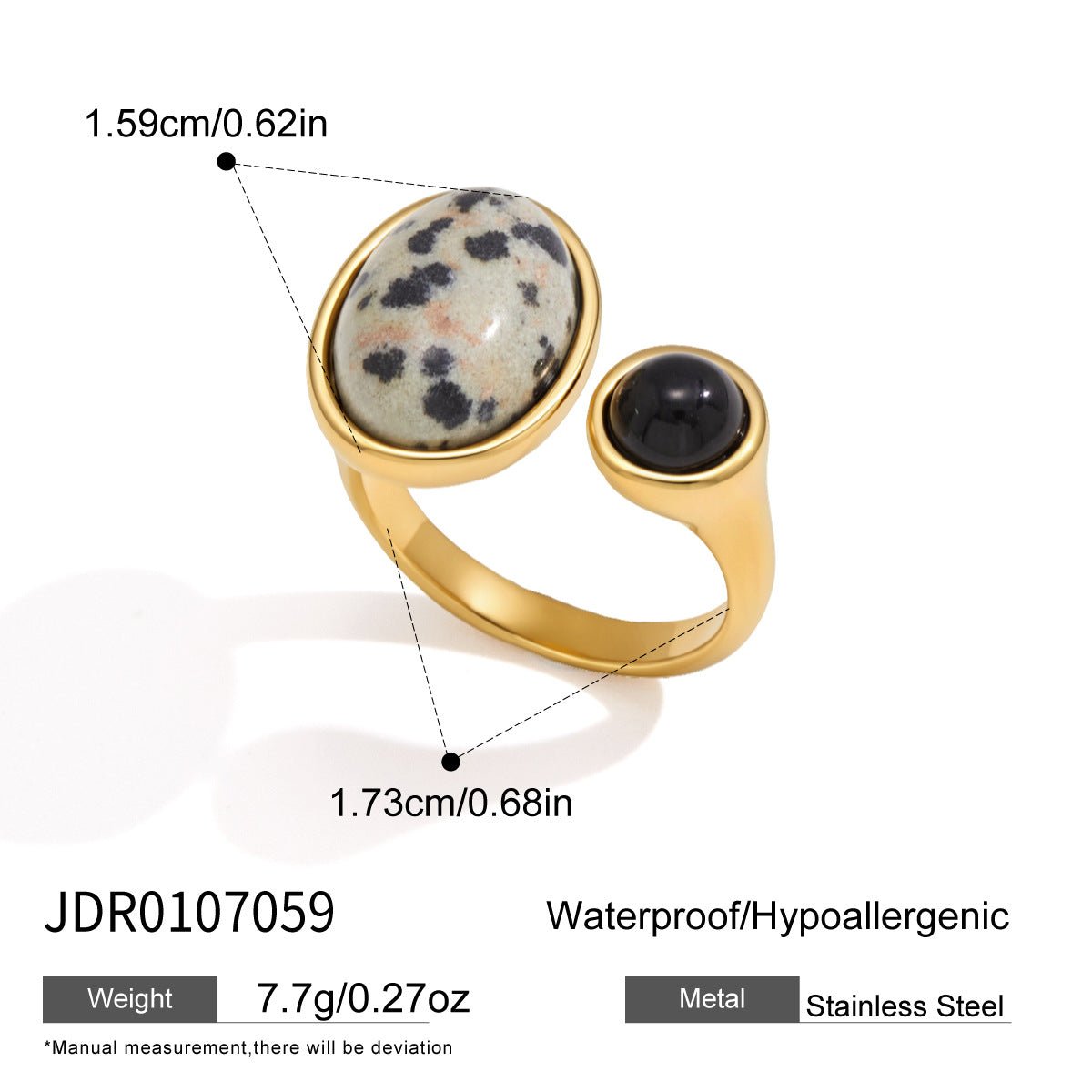 Natural stone stainless steel open statement rings