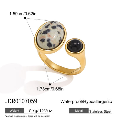Natural stone stainless steel open statement rings