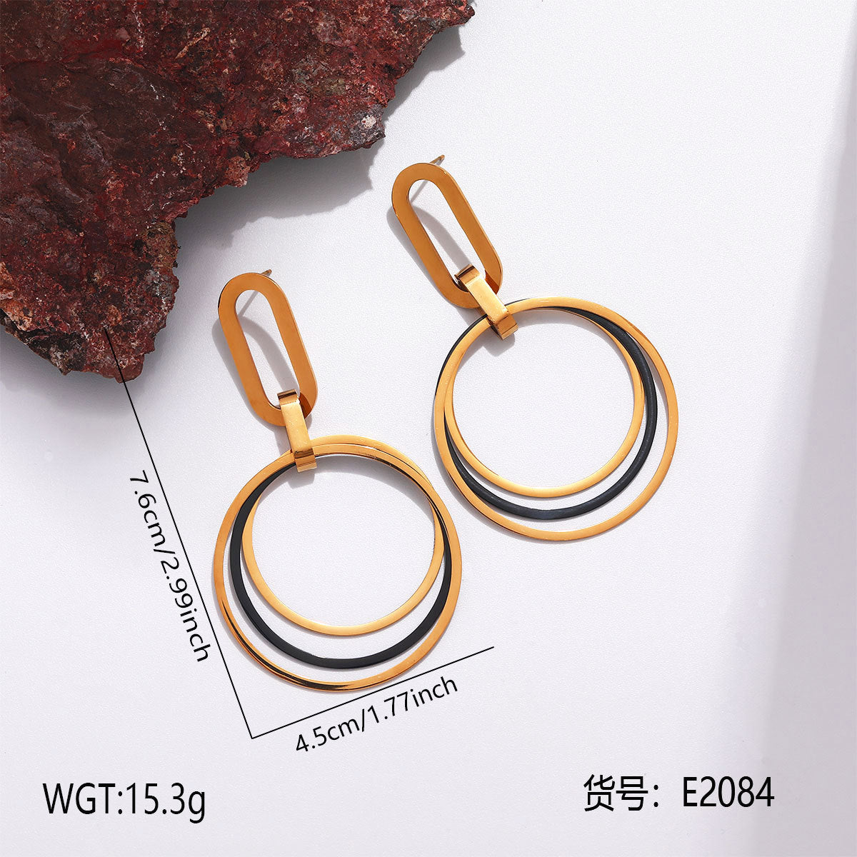 Geometric black and gold tone drop earrings in stainless steel style for wholesale gift shop jewelry