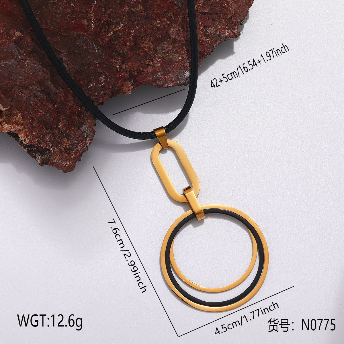 Stainless steel black cord necklace with geometric black and gold tone pendant for gift shop wholesale jewelry
