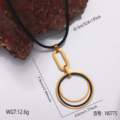 Stainless steel black cord necklace with geometric black and gold tone pendant for gift shop wholesale jewelry