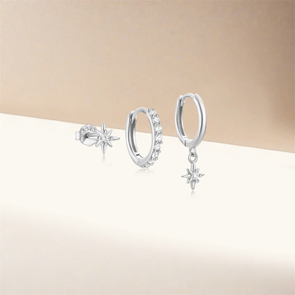 925 Sterling Silver CZ North Star and Flower Earrings 5 Set Pack 3 Styles per Set