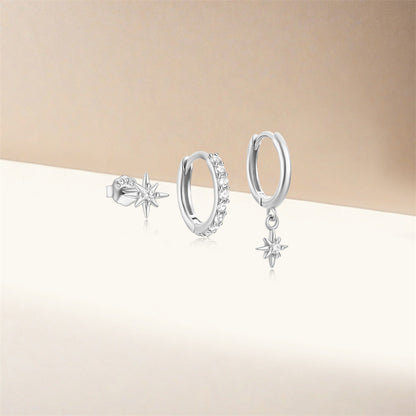 925 Sterling Silver CZ North Star and Flower Earrings 5 Set Pack 3 Styles per Set