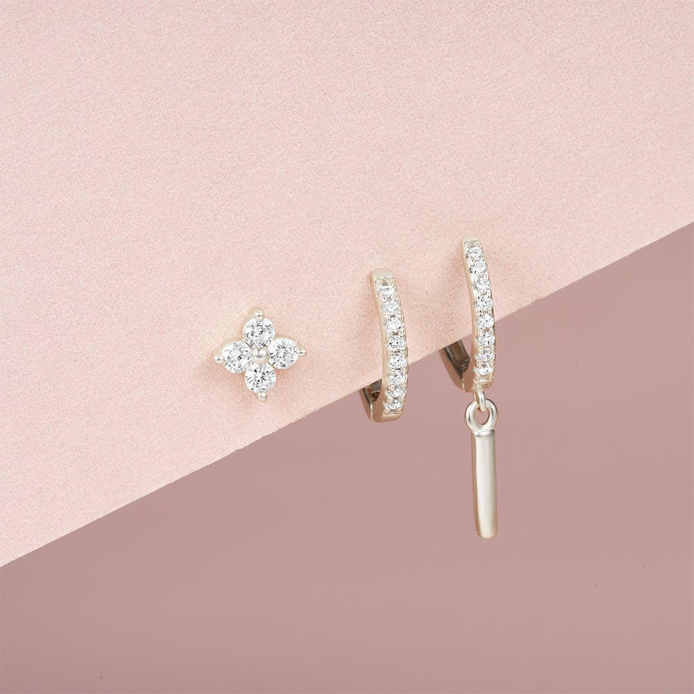 925 Sterling Silver CZ North Star and Flower Earrings 5 Set Pack 3 Styles per Set