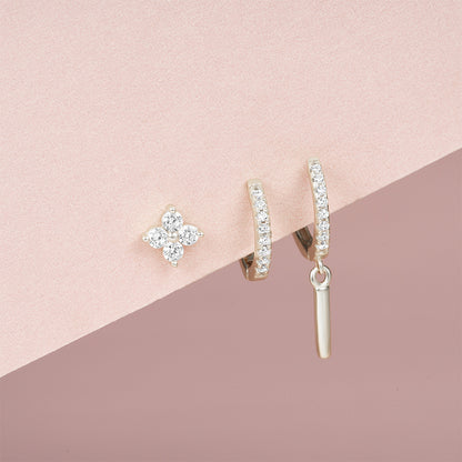 925 Sterling Silver CZ North Star and Flower Earrings 5 Set Pack 3 Styles per Set