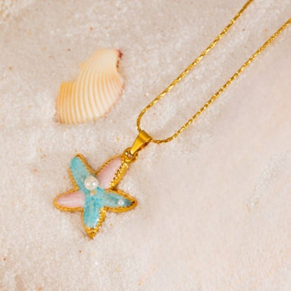 Ocean Starfish and Shell Pendant Necklace Gold Beach Style five piece set