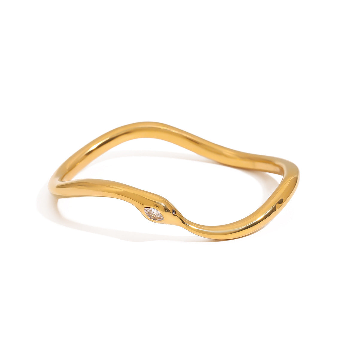 Gold stainless steel snake inspired open cuff bracelet with zircon detail
