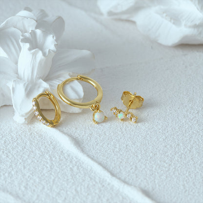 S925 sterling silver jewelry set featuring gold plated opal dangling hoop and pavé crystal earrings by JR Fashion Accessories.