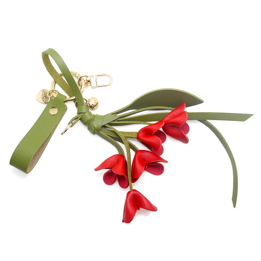 Wholesale PU leather orchid keychain bag charm red flower design for women