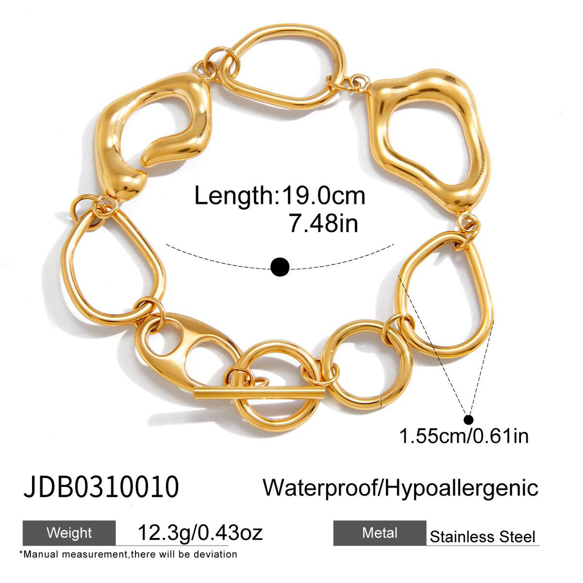 Organic shape link bracelet size reference 19 cm stainless steel 18k gold plated