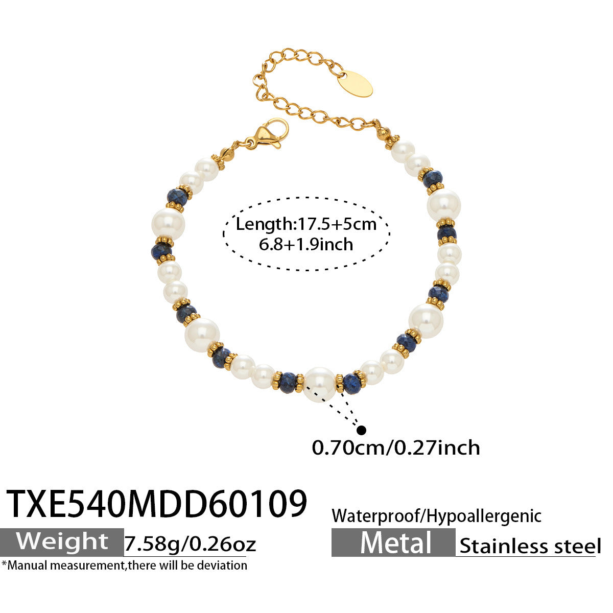 Pearl and blue beaded bracelet on wrist gold tone spacer details