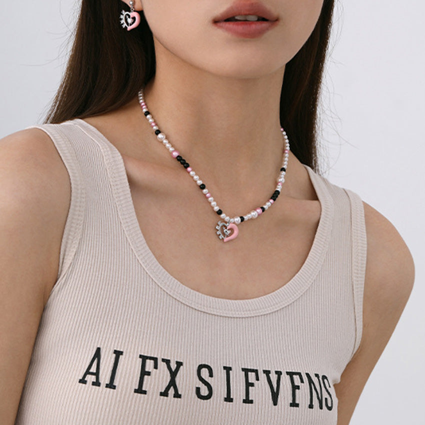 Pearl and black onyx heart necklace with matching earrings five piece set