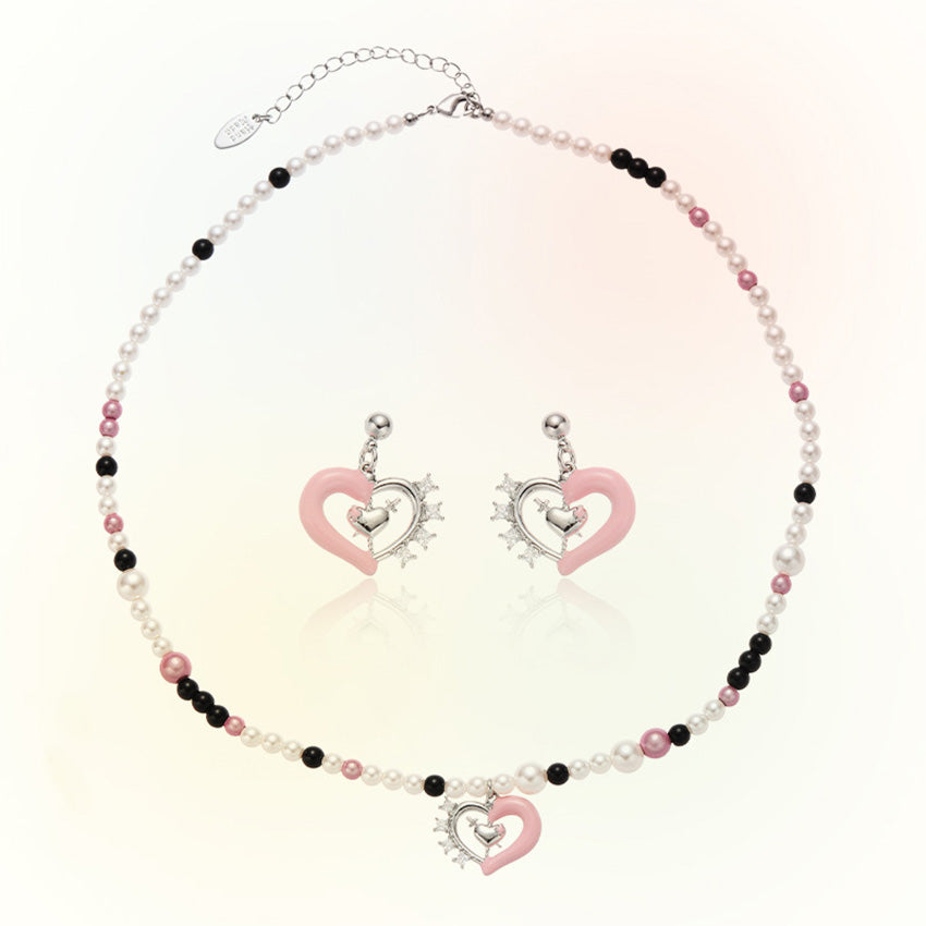 Pearl and black onyx heart necklace with matching earrings five piece set