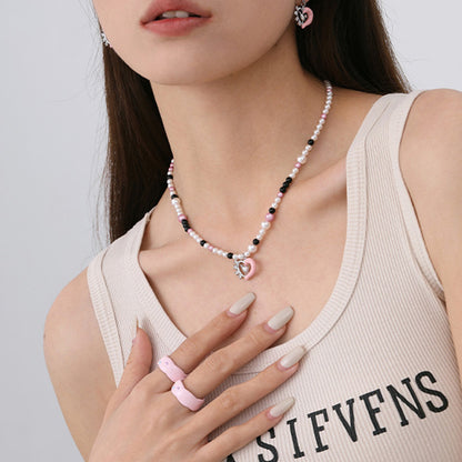 Pearl and black onyx heart necklace with matching earrings five piece set