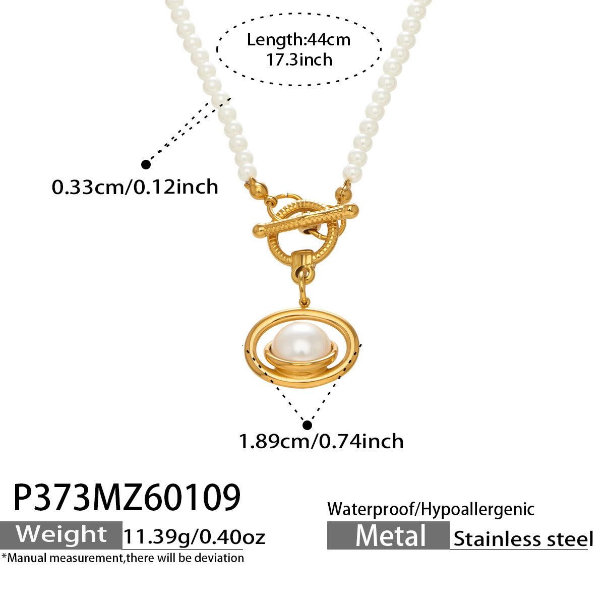 pearl pendant beaded necklace stainless steel size detail