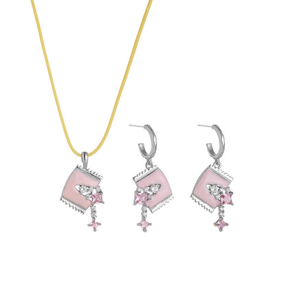 Matching pink enamel candy wrapper zircon necklace and drop earrings