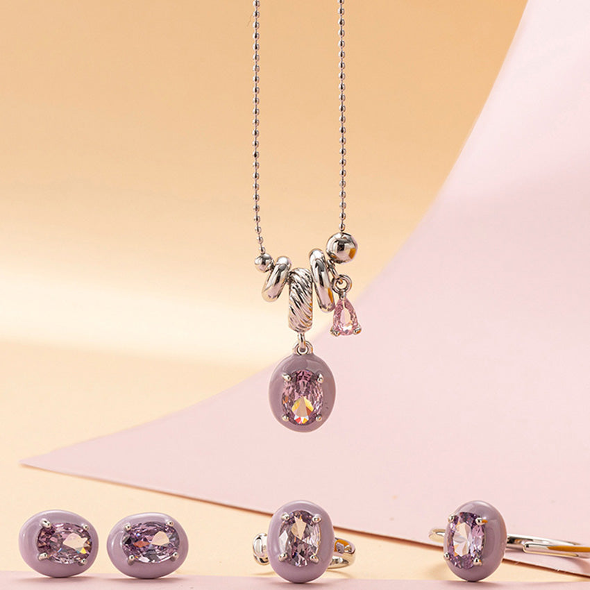 Pink crystal pendant necklace and matching stud earrings five piece set
